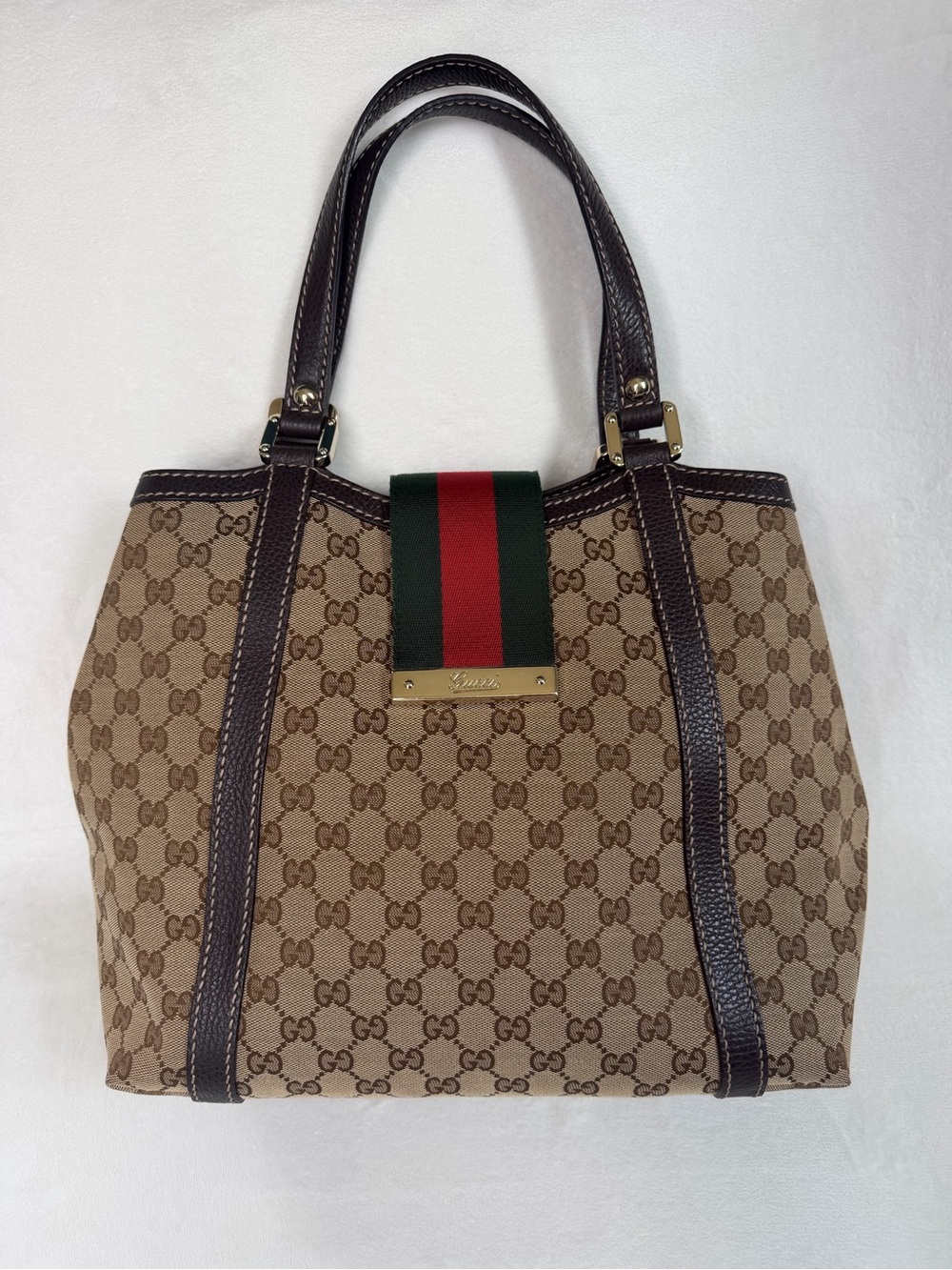 Gucci Beige GG Canvas Tote with Brown Leather Trim and Green-Red Stripe Closure